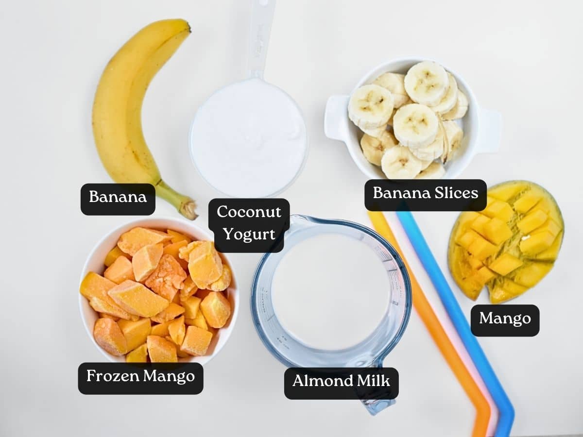 Ingredients for Vegan Mango Smoothie in bowls and ramekins