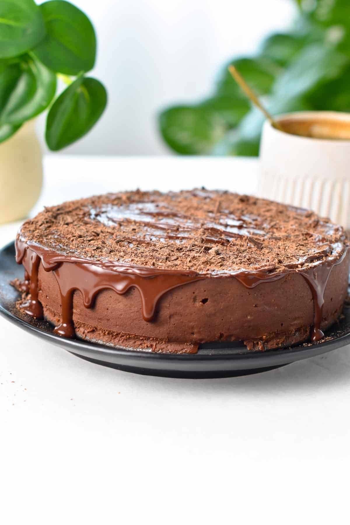 A no-bake chocolate cake with a drizzle of vegan ganache on top.