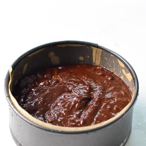 a 6-inch springform pan filled with No-Bake Chocolate Cake batter