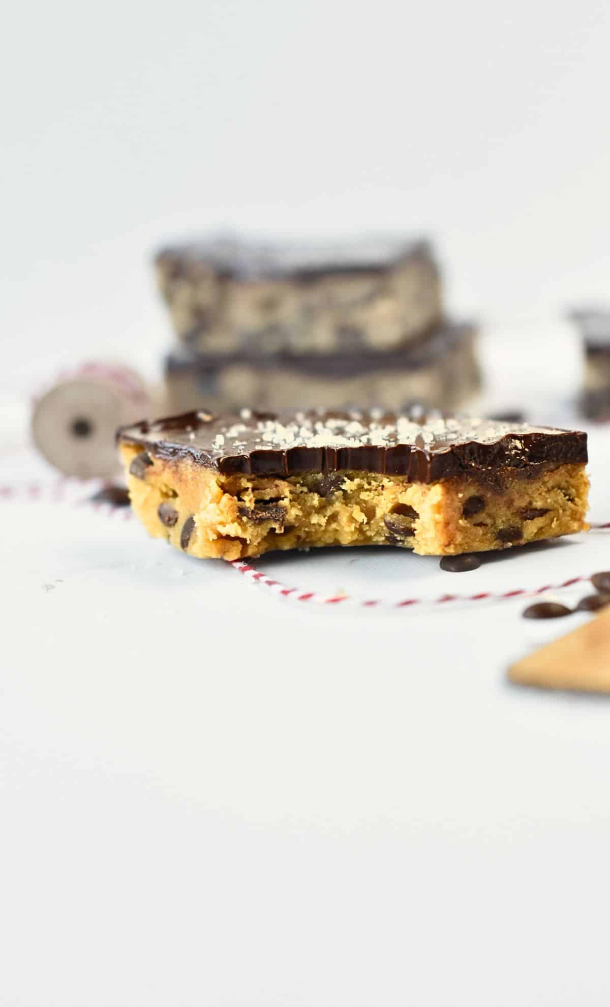 No-Bake Cookie Dough Bars on a white table.