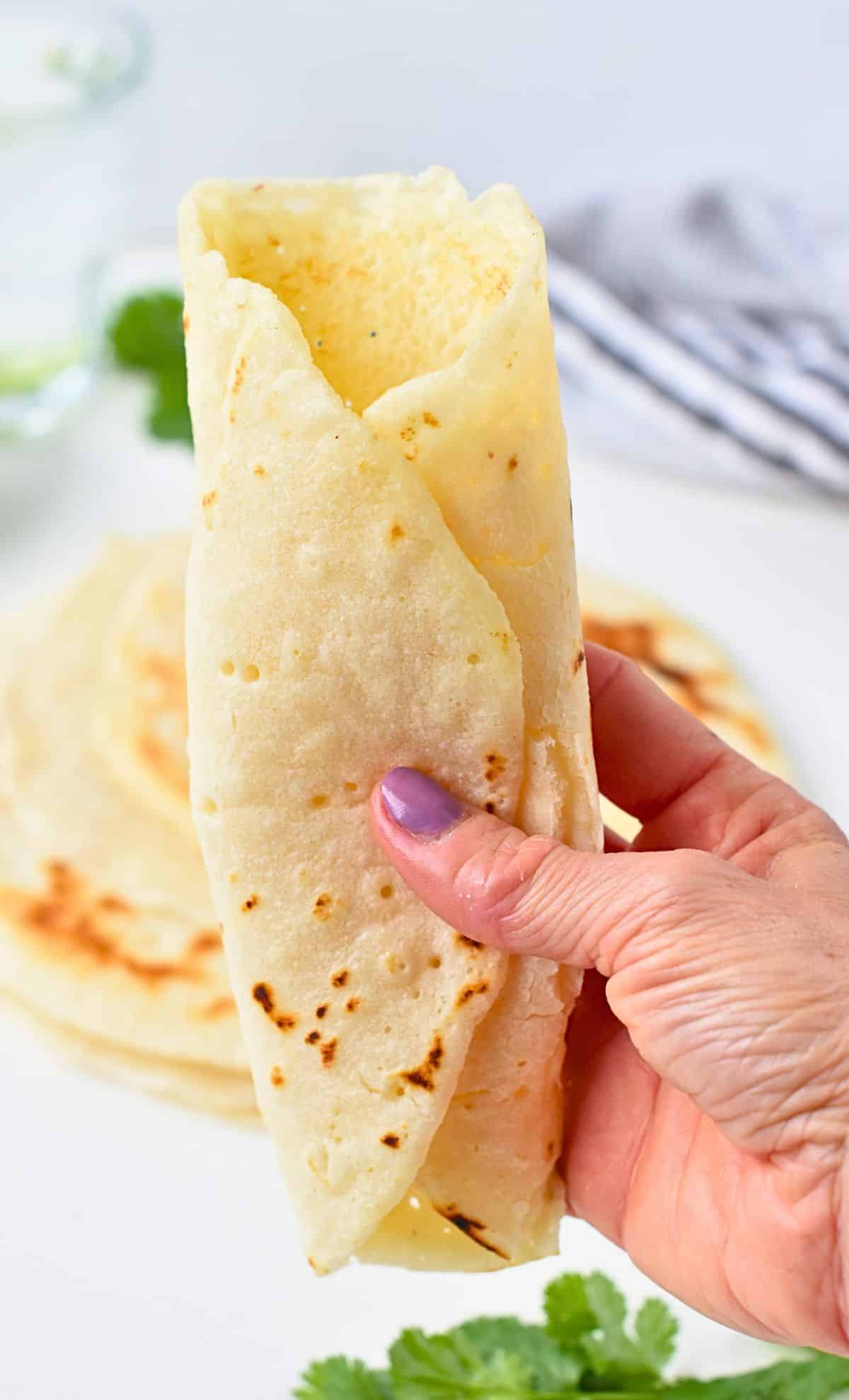 Paleo Tortilla rolled and held up.