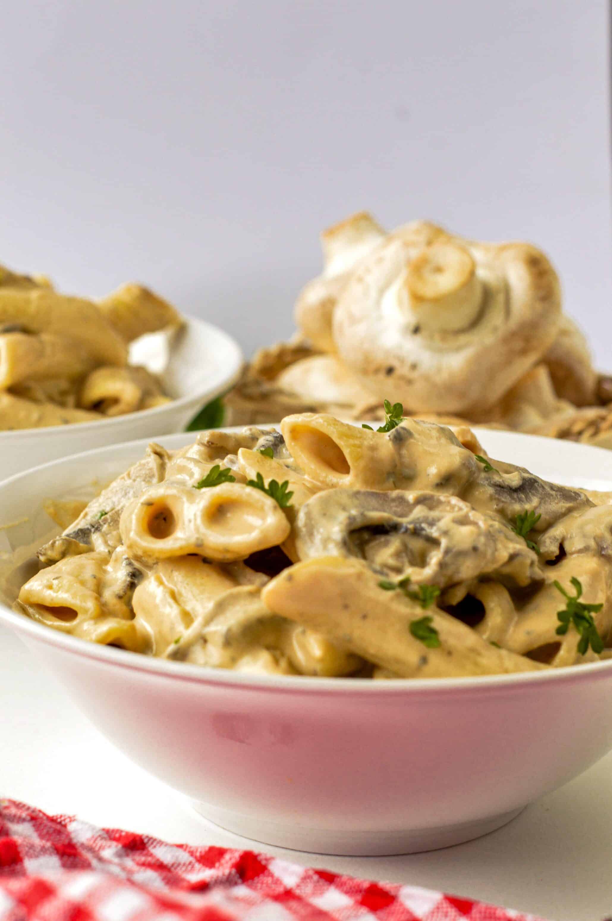 Vegan Creamy Mushroom Pasta in a large bowl.