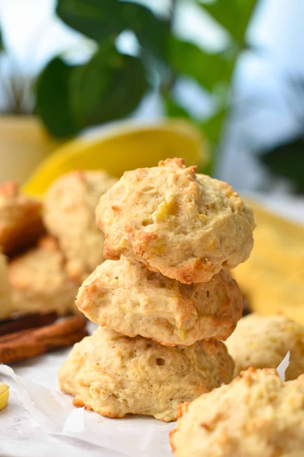 A stack of three banana cookies with green plants in the background.