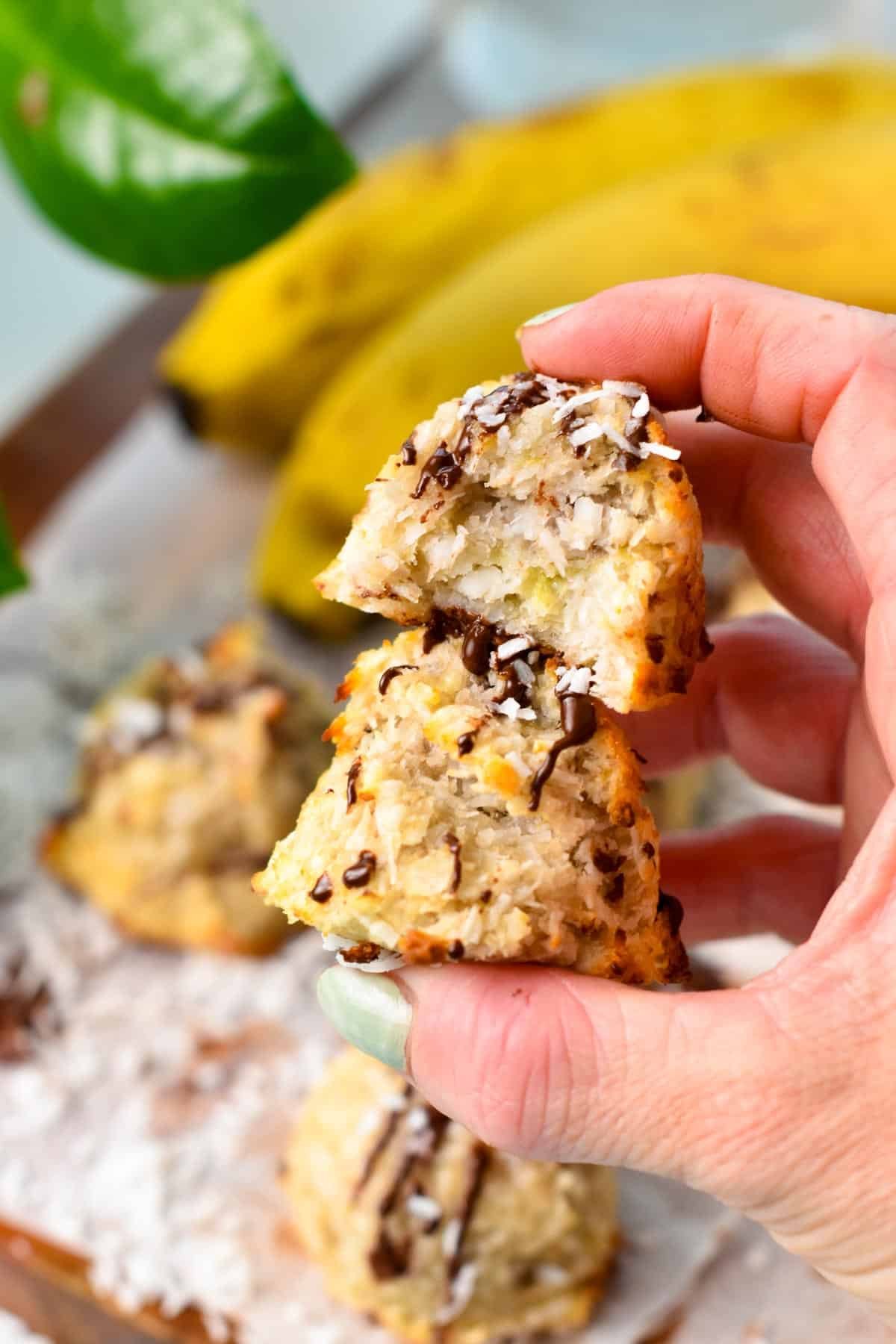 a hand holding two Coconut Banana Cookies with chocolate drizzle on to, stacked together with the one on top half eaten showing the texture inside