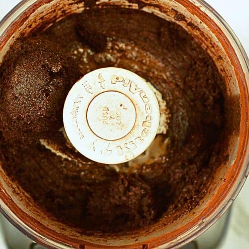 No-bake brownie batter in a food processor.