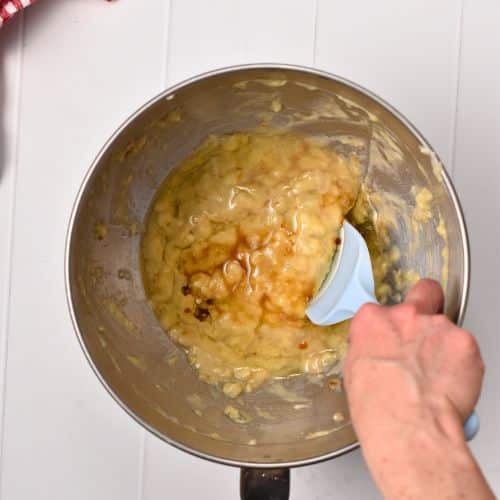 Wet No-Sugar-Added Banana Bread ingredients in a mixing bowl.