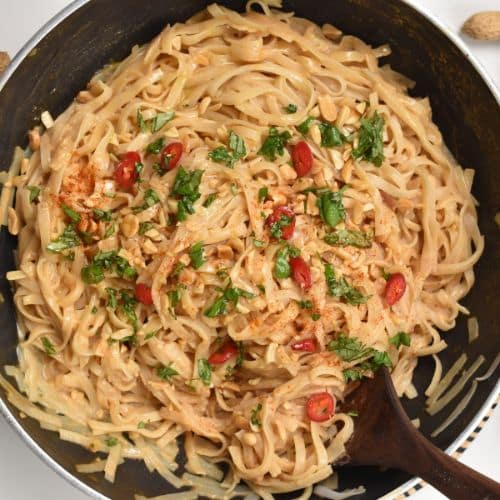 Peanut butter noodles in the pan.