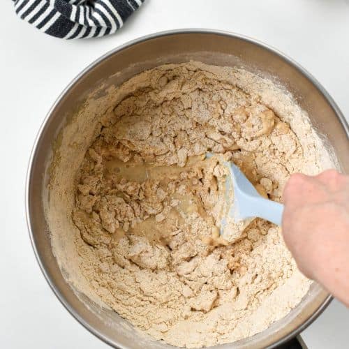 Stirring the Protein Blueberry Muffin batter in a mixing bowl with a silicone spatula.