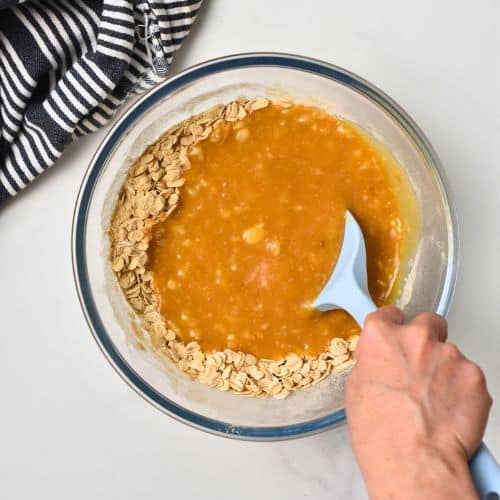 Stirring Protein Oatmeal Cookies batter in a mixing bowl.