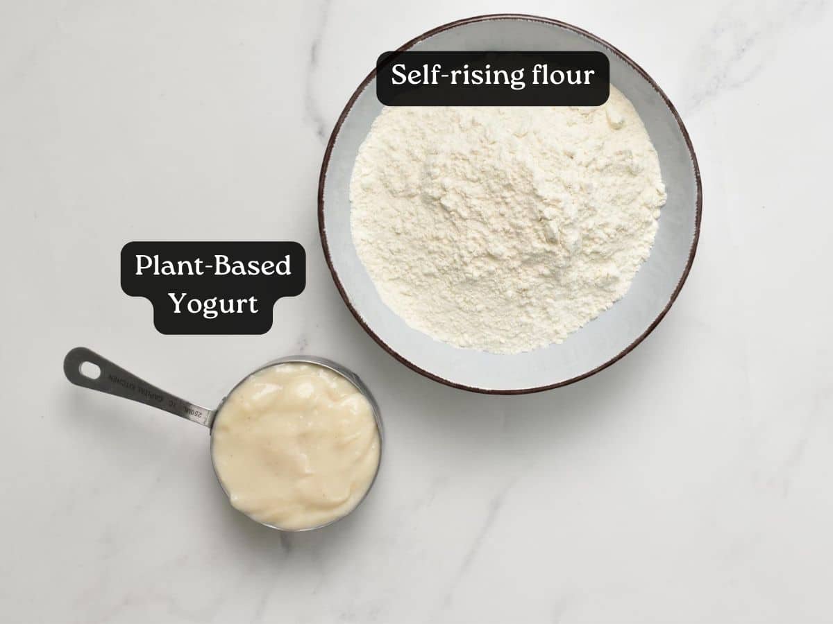 a picture of a bowl filled with self-rising flour and a measuring cup filled with yogurt