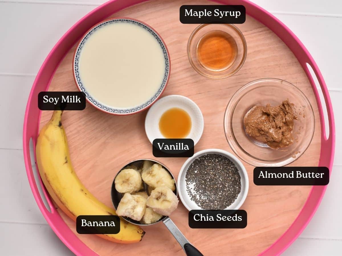 Ingredients for Banana Almond Butter Smoothie in bowls and ramekins.