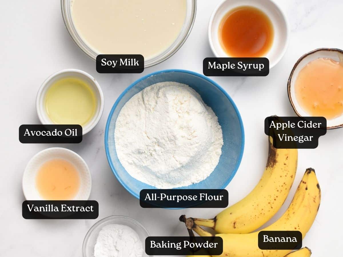 Ingredients for Banana Pancake Bites in bowls and ramekins.