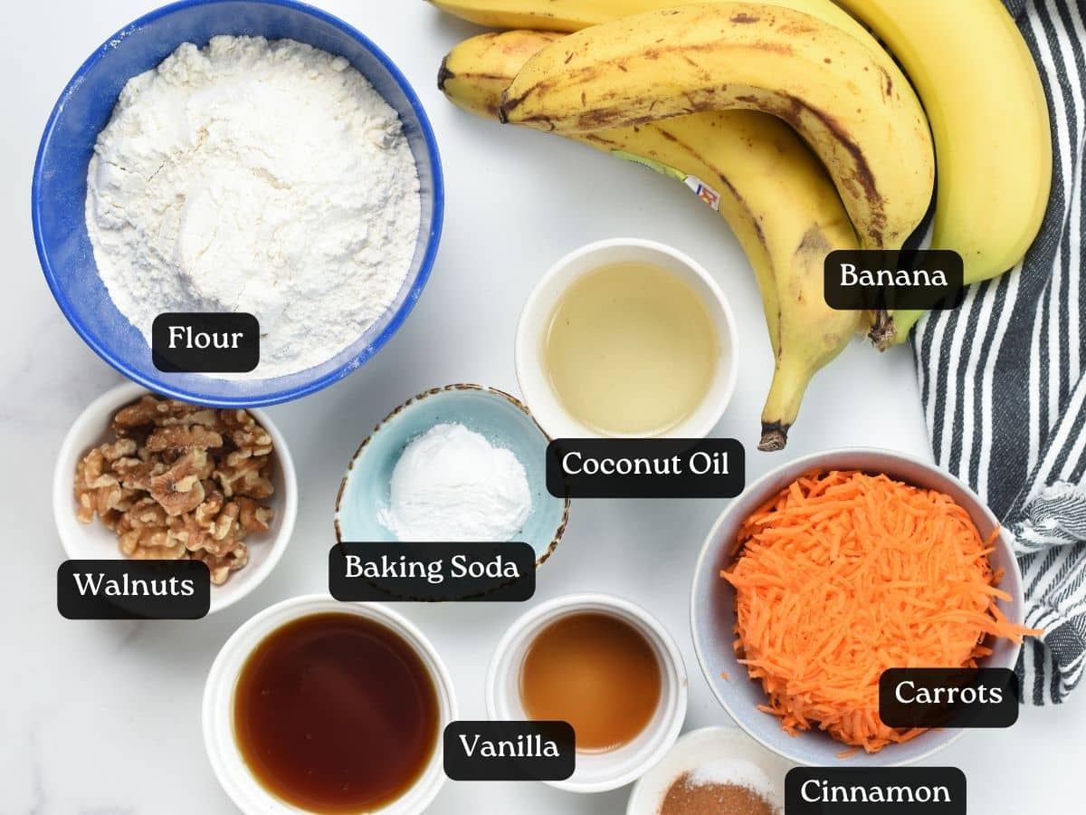 Ingredients for Carrot Cake Banana Bread in bowls and ramekins.