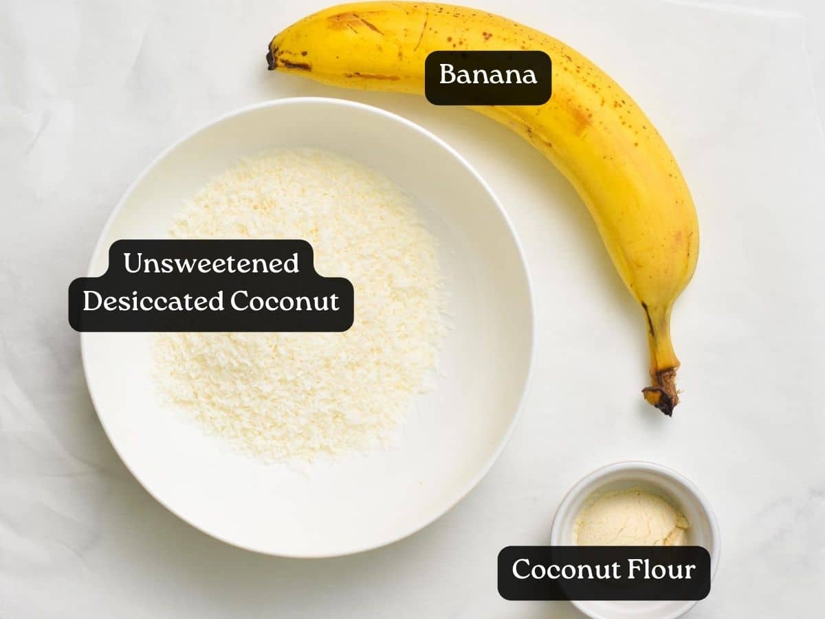 a picture of a bowl with desiccated coconut, ad banana an a bowl with coconut 