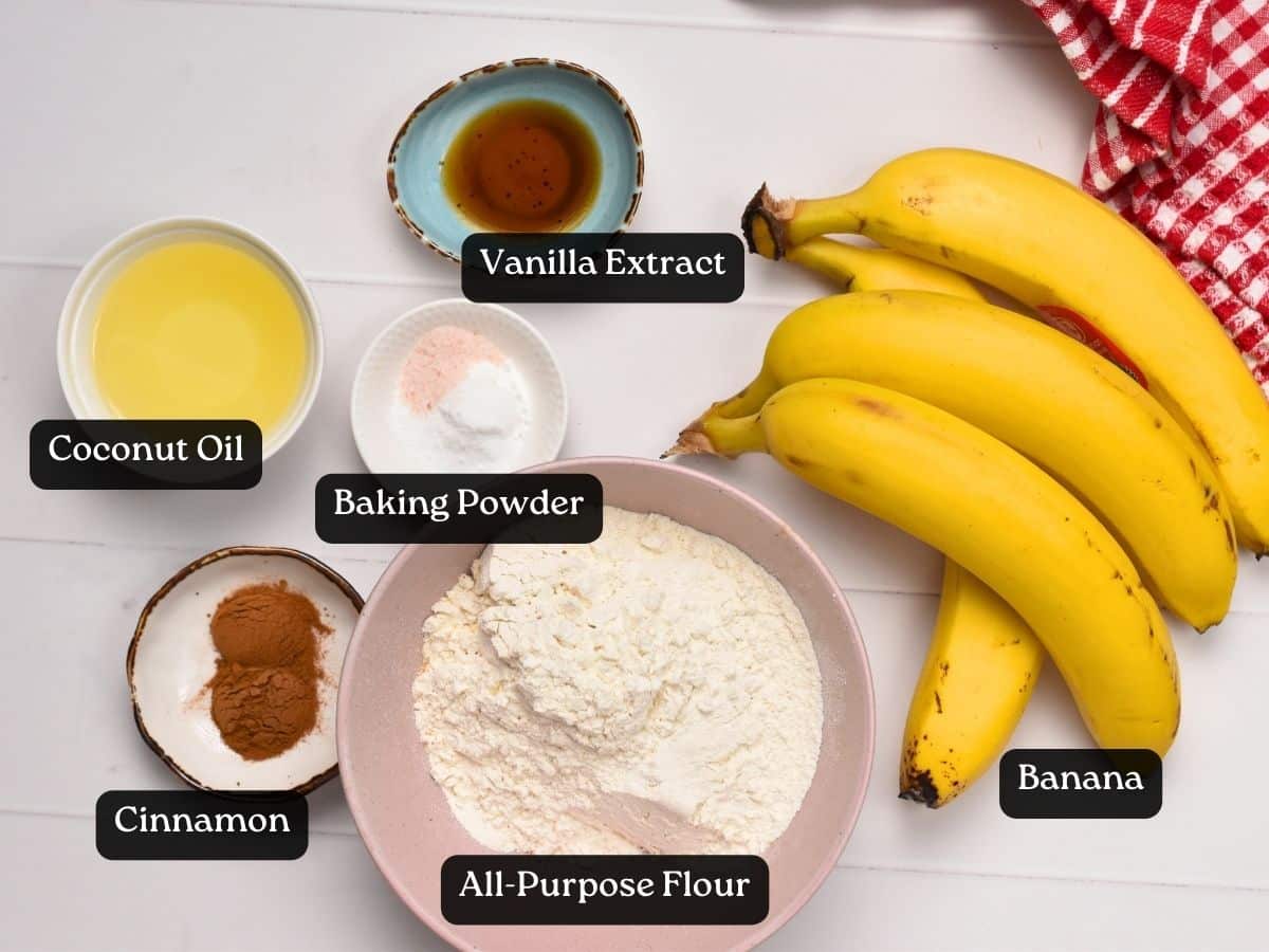 Ingredients for No-Added-Sugar Banana Bread in bowls and ramekins.