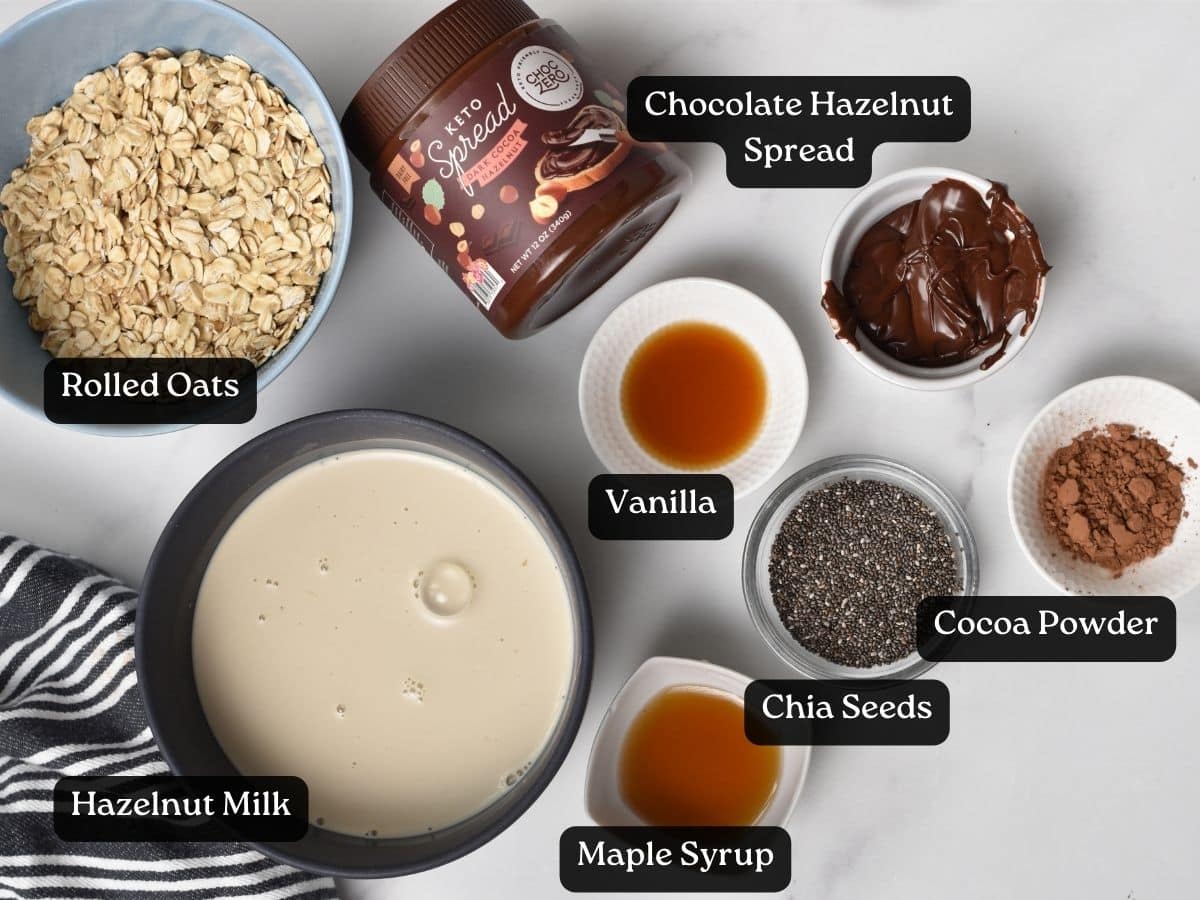 Ingredients for Nutella Overnight Oats in bowls and ramekins.