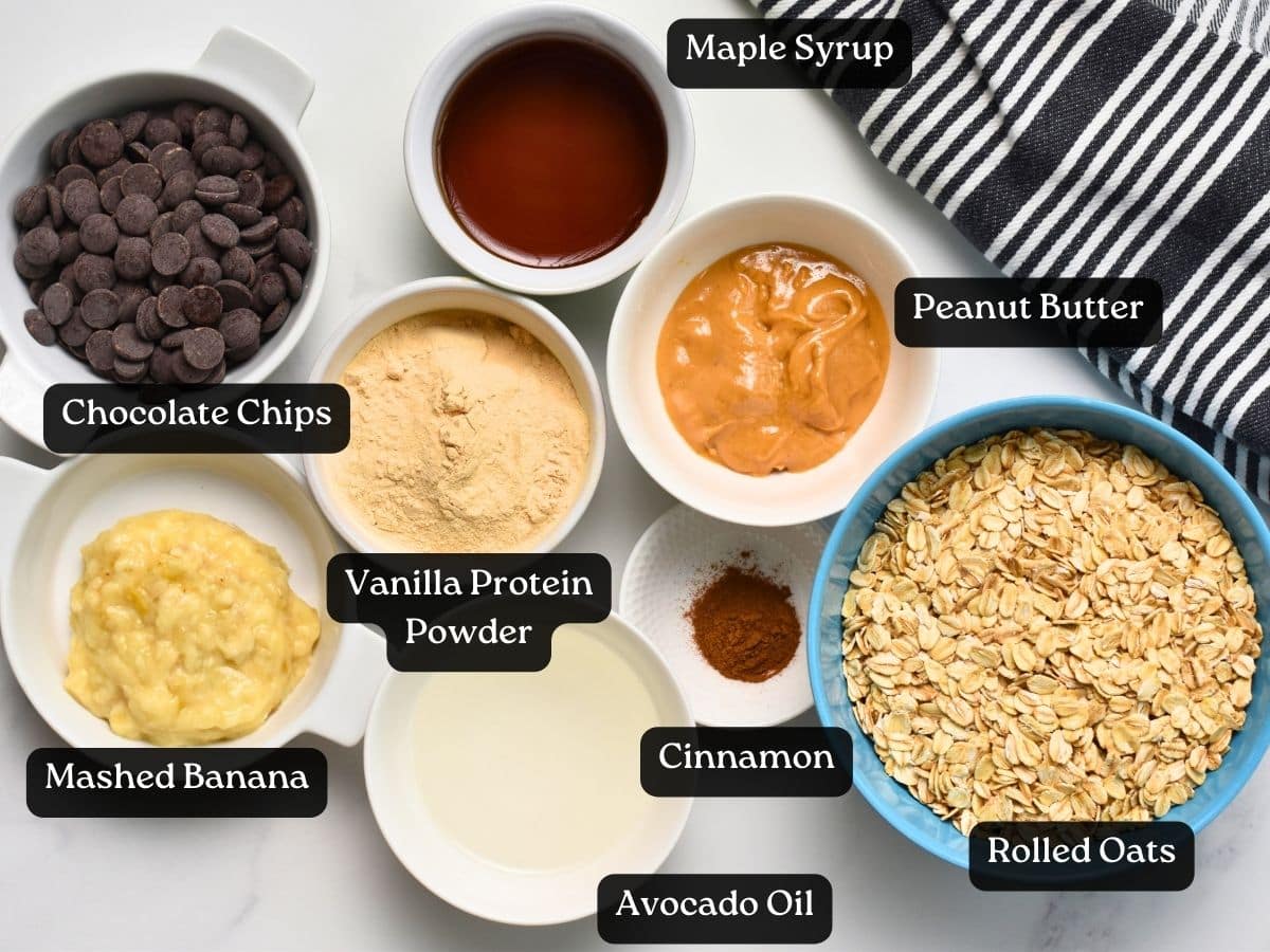 Ingredients for Protein Oatmeal Cookies in bowls and ramekins.