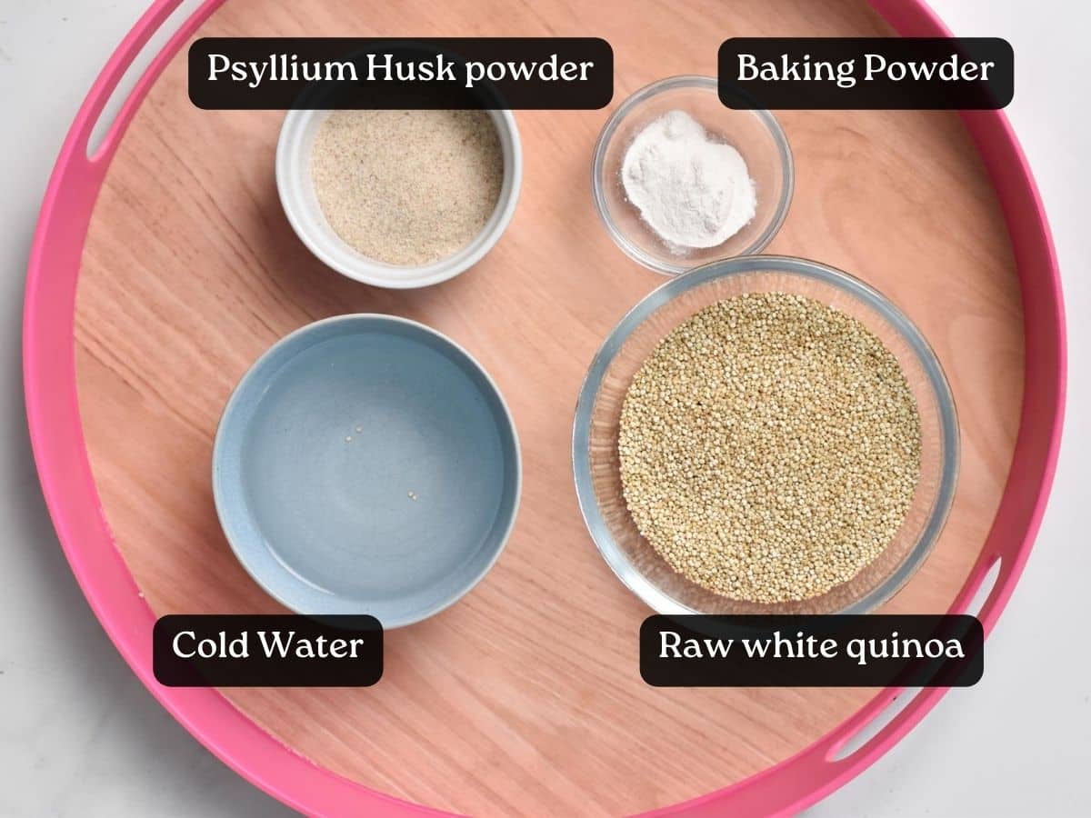 Four bowls with water, raw quinoa, baking powder. and psyllium husk.