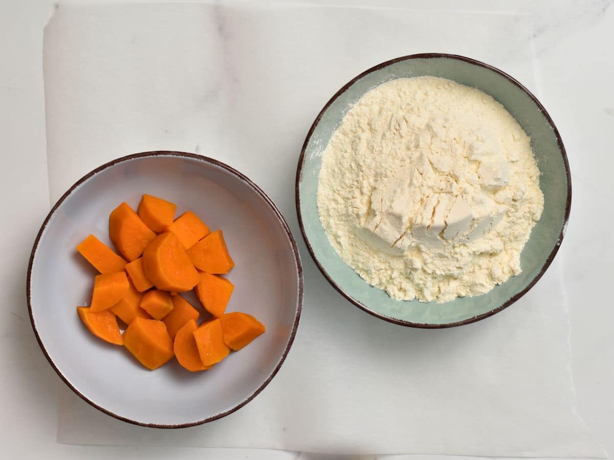 Ingredients for Sweet Potato Bread Rolls in two bowls.