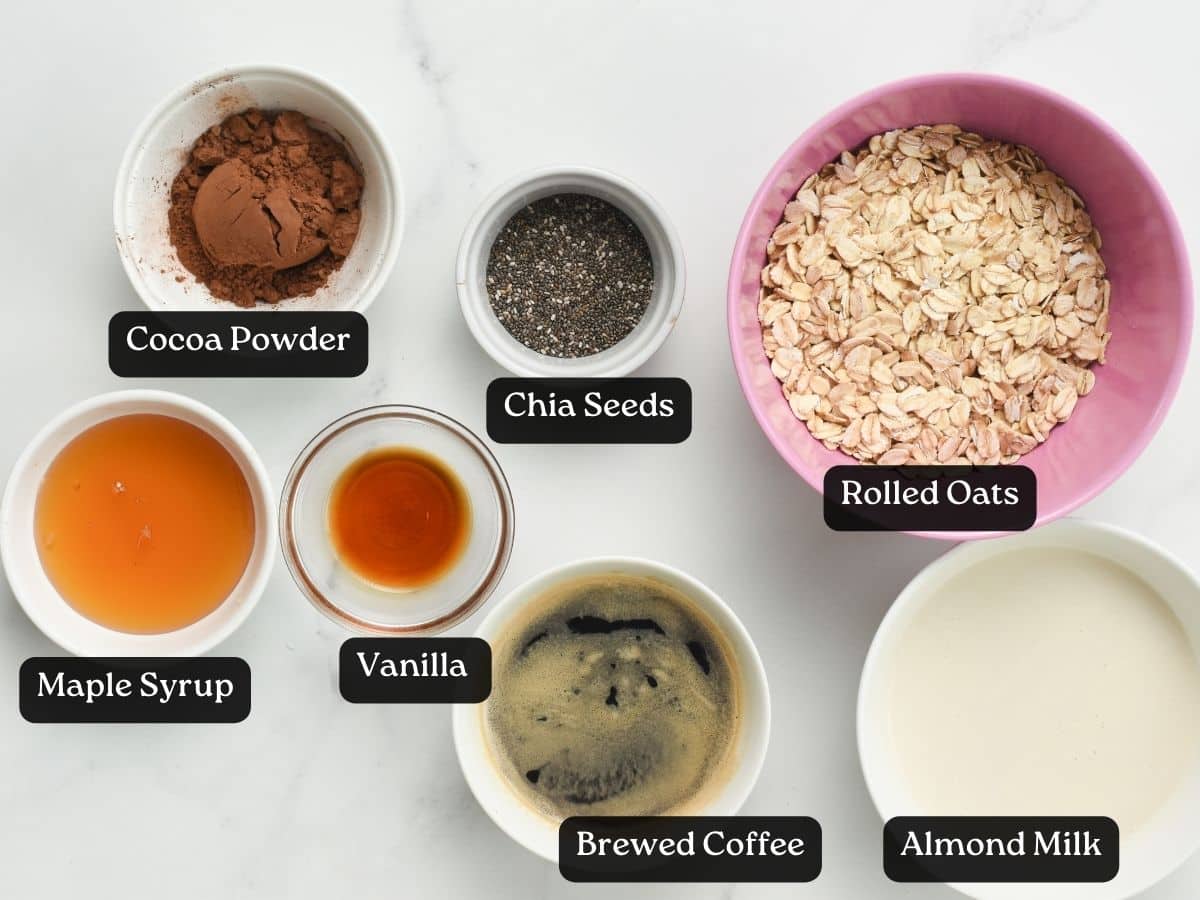 Ingredients for Tiramisu Overnight Oats in bowls and ramekins.