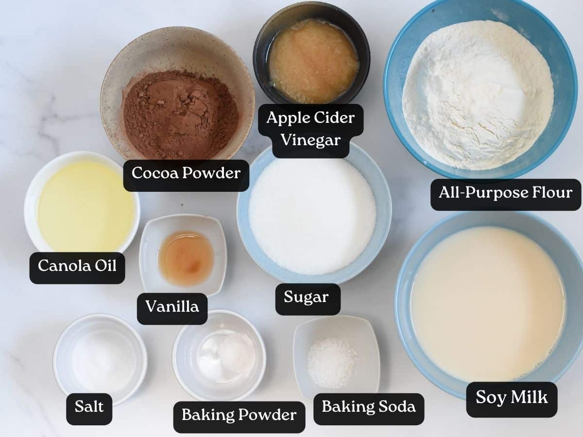 Ingredients for Vegan Chocolate Cupcakes in bowls and ramekins.