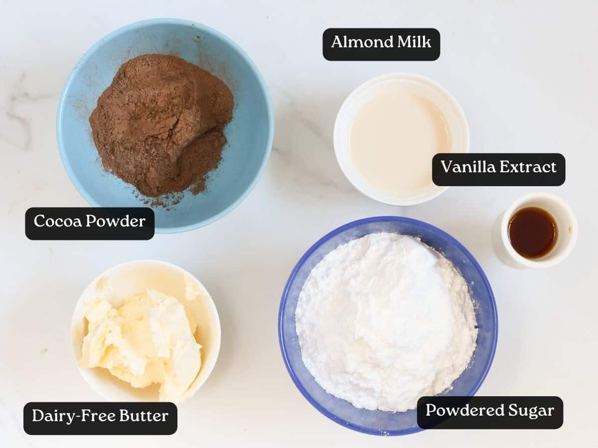 Ingredients for Vegan Chocolate Frosting in bowls and ramekins.