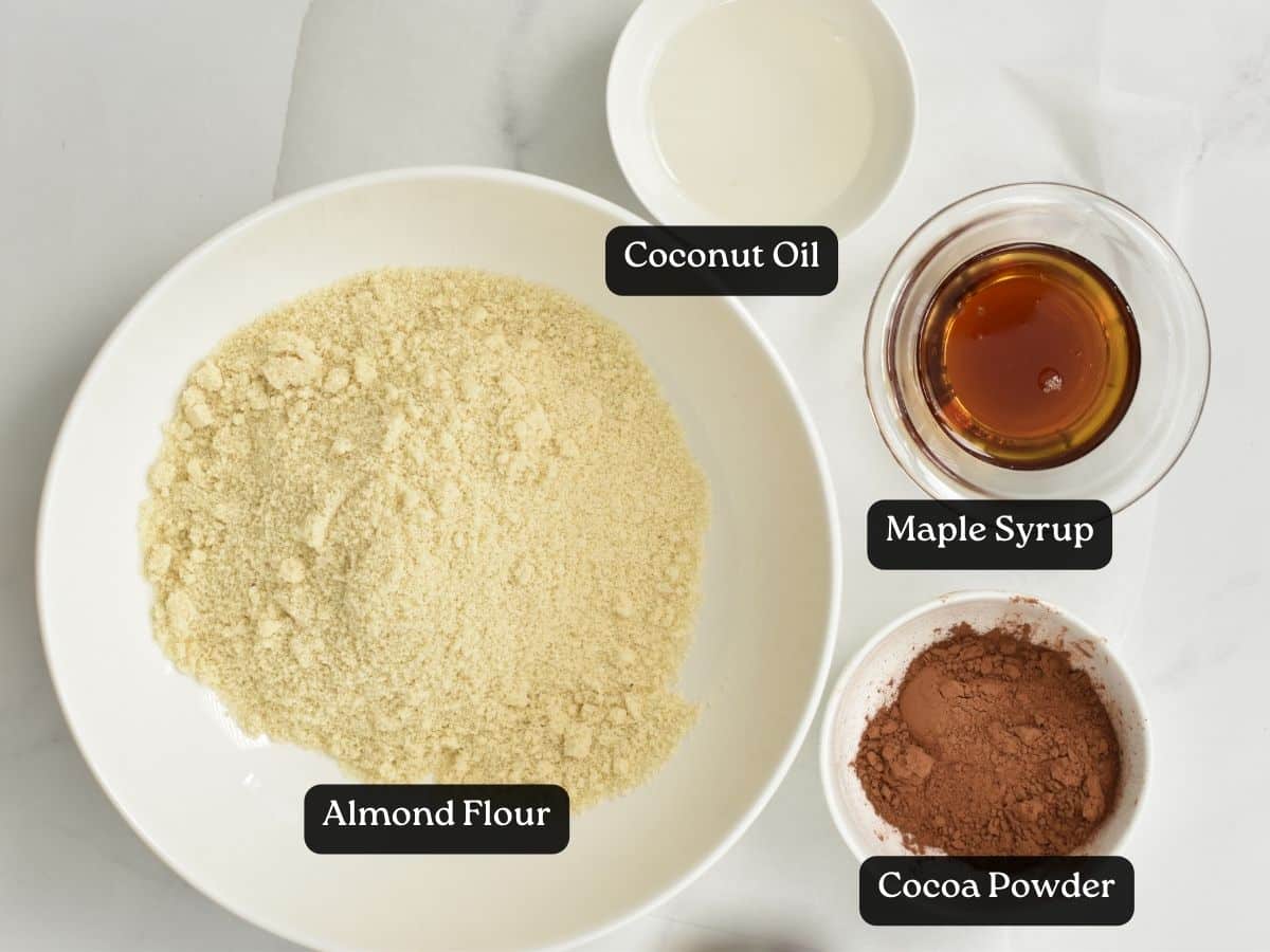 Ingredients for Vegan Chocolate Shortbread in bowls and ramekins.