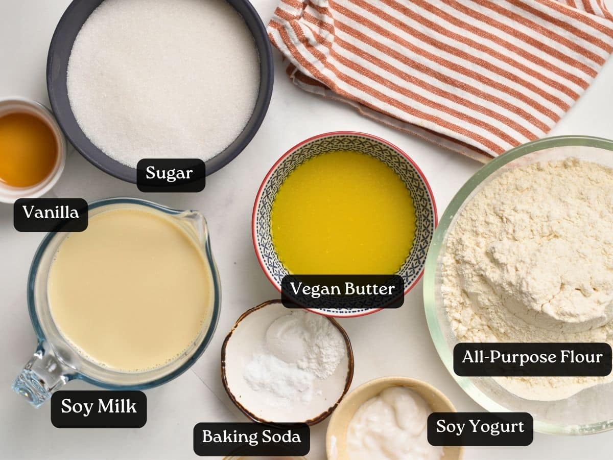 Ingredients for Vegan Coffee Cake in bowls and ramekins.