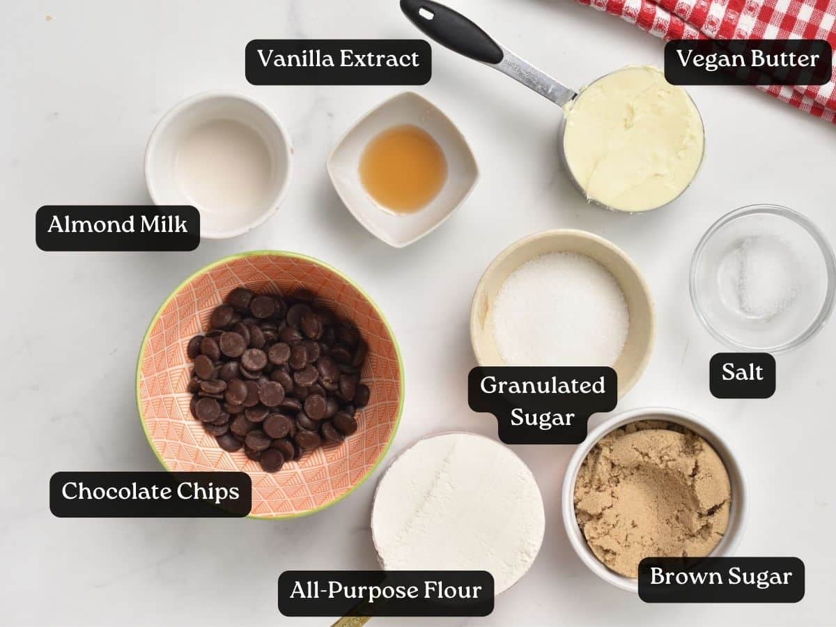 Ingredients for Vegan Cookie Dough in bowls and ramekins.