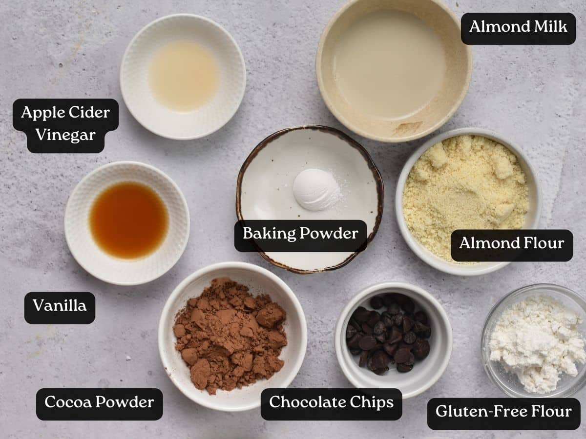 Ingredients for Vegan Gluten-Free Mug Cake in bowls and ramekins