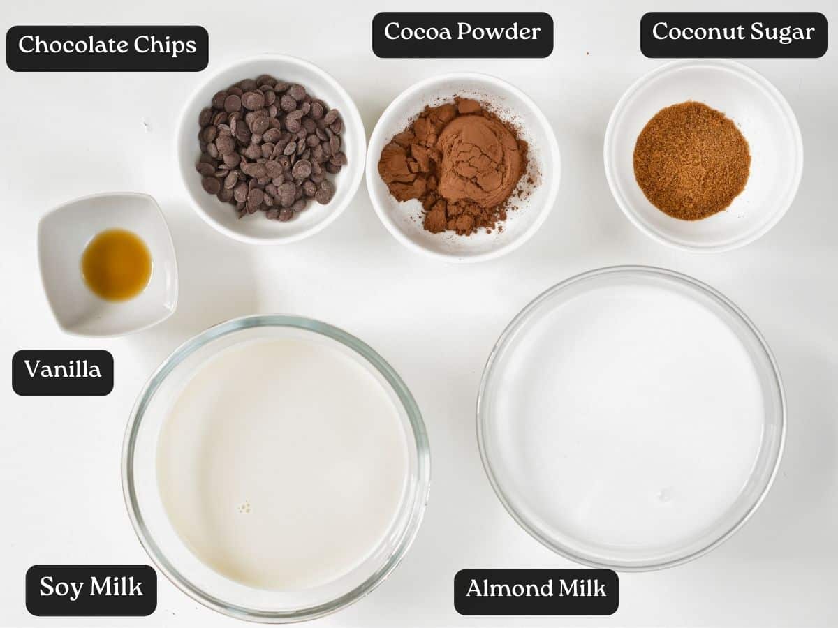 Ingredients for Vegan Hot Chocolate in bowls and ramekins.