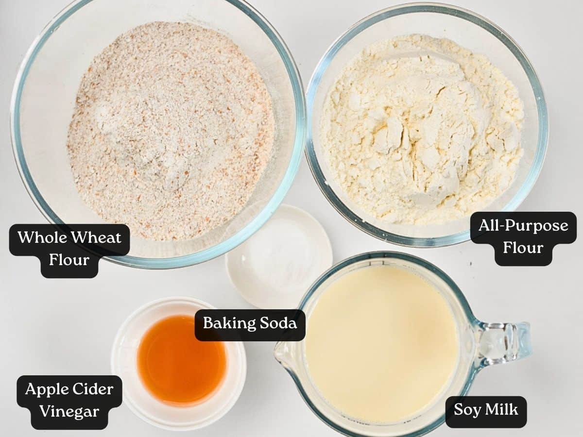 Ingredients for Vegan Irish Soda Bread in bowls and ramekins.