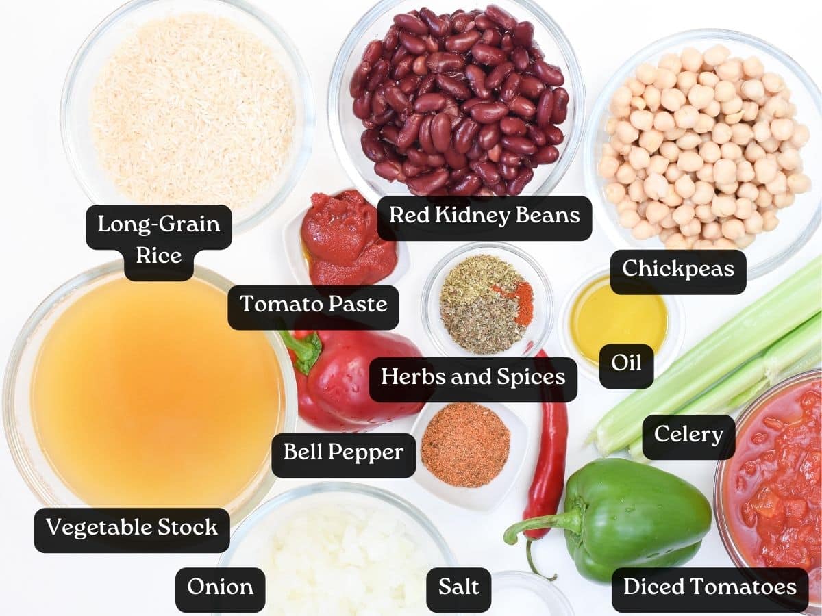 Ingredients for Vegan Jambalaya in bowls and ramekins.