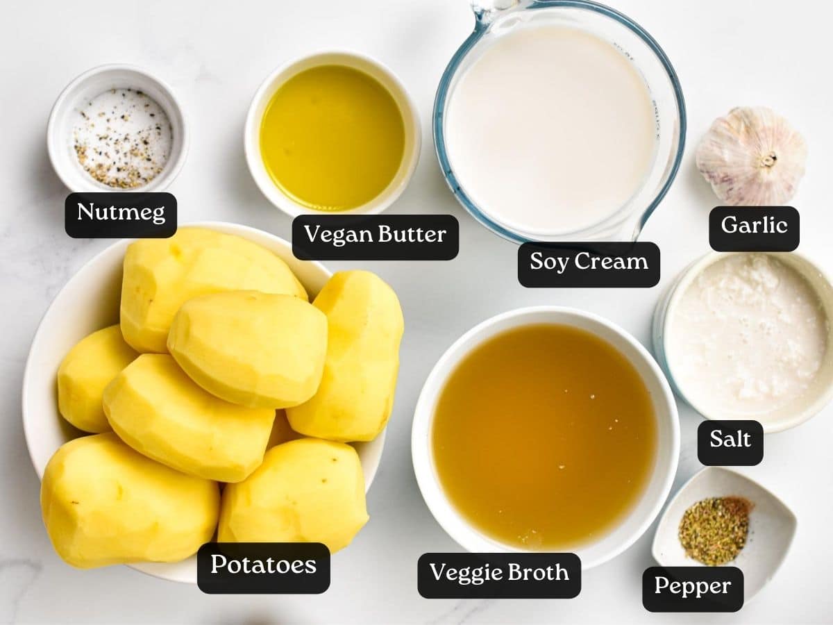 Ingredients for Vegan Potato Soup in bowls and ramekins.