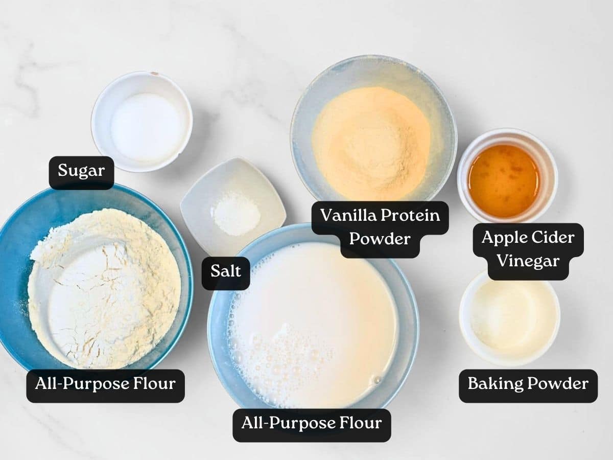 Ingredients for Vegan Protein Pancakes in bowls and ramekins.