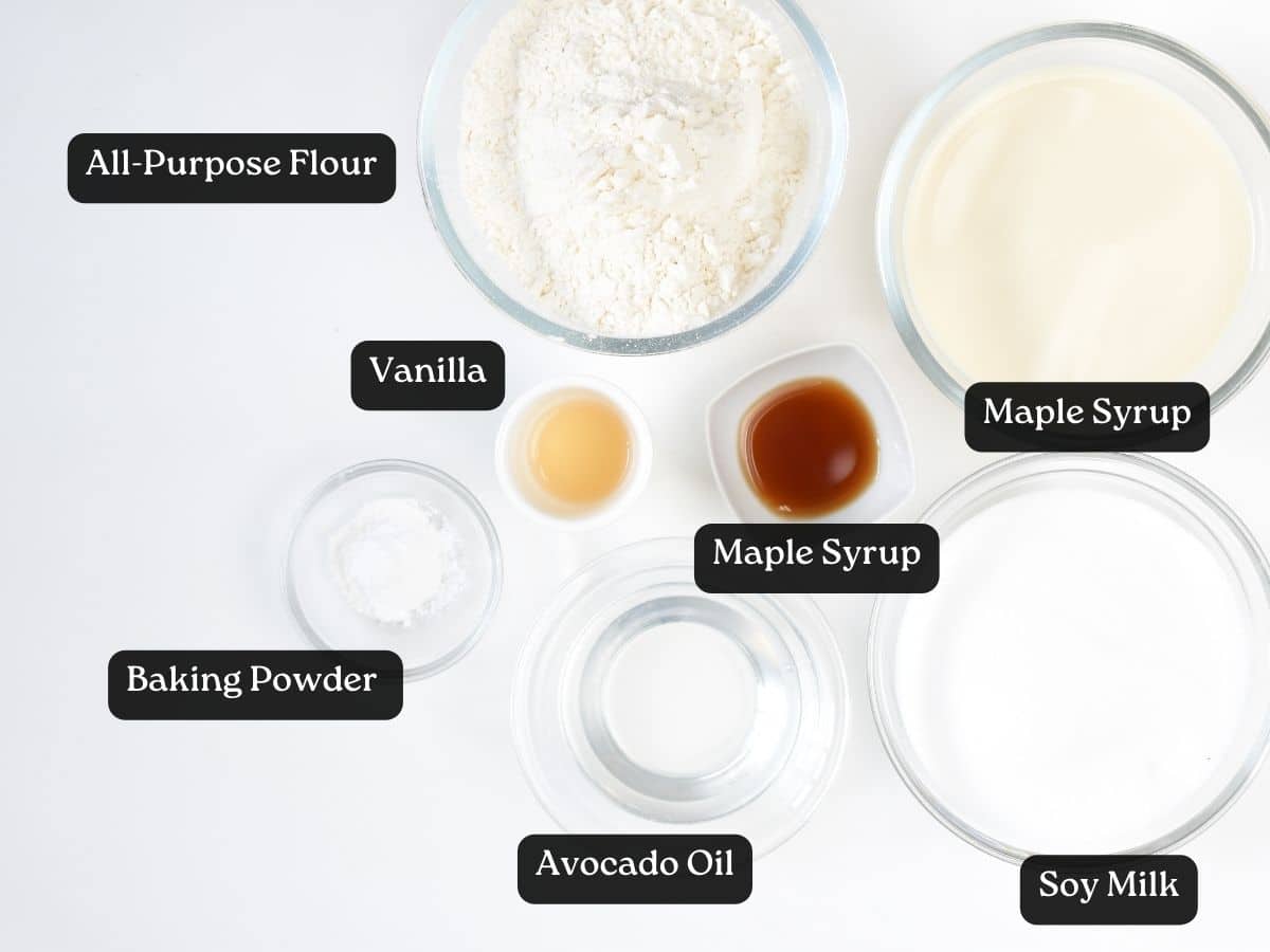 Ingredients for Vegan Vanilla Cupcakes in bowls and ramekins.
