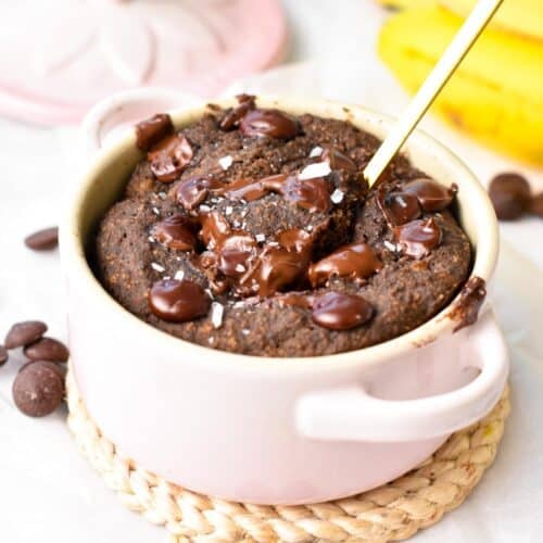 a spoon digging in a protein mug cake