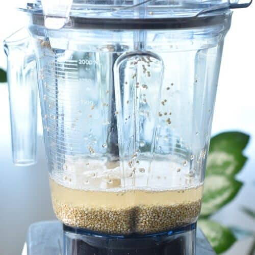 a blender jug with quinoa and water