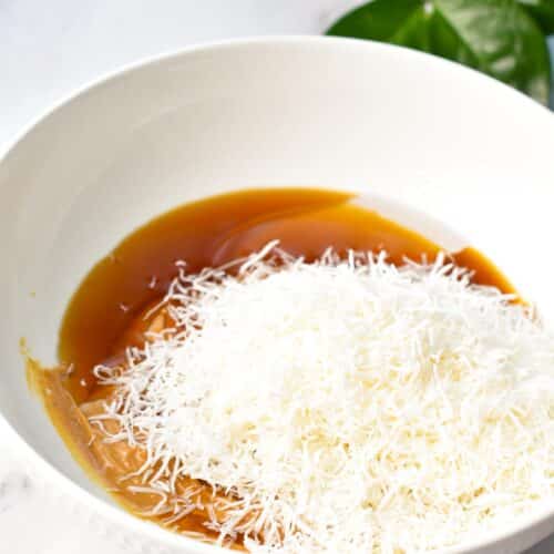 Coconut caramel ingredients in a mixing bowl.