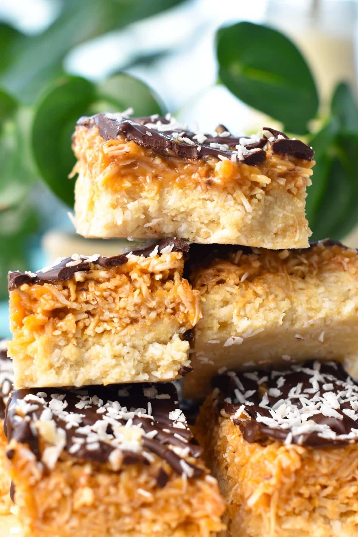 A stack of no bake Samoa bars