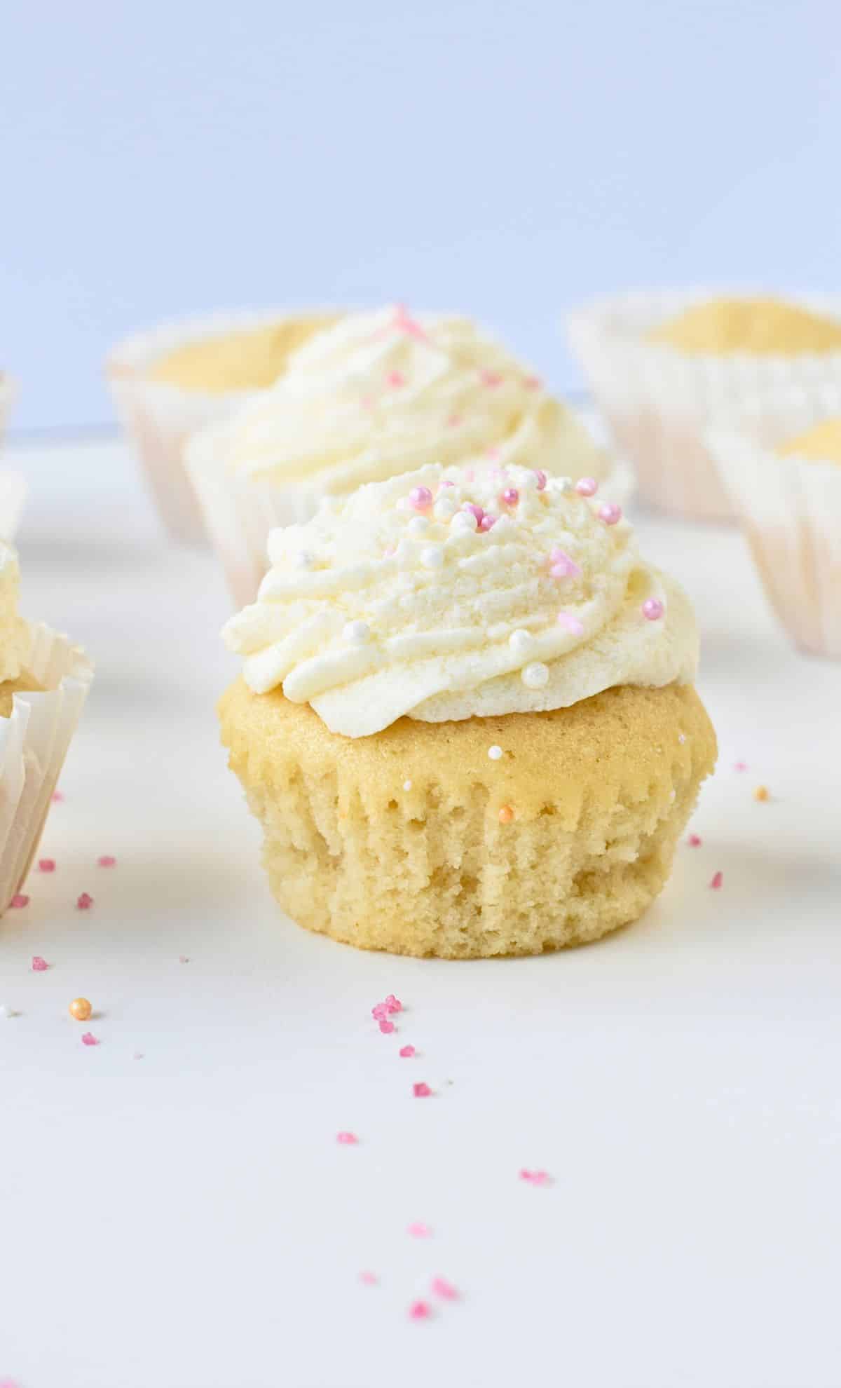 Vegan cupcake with vanilla frosting.