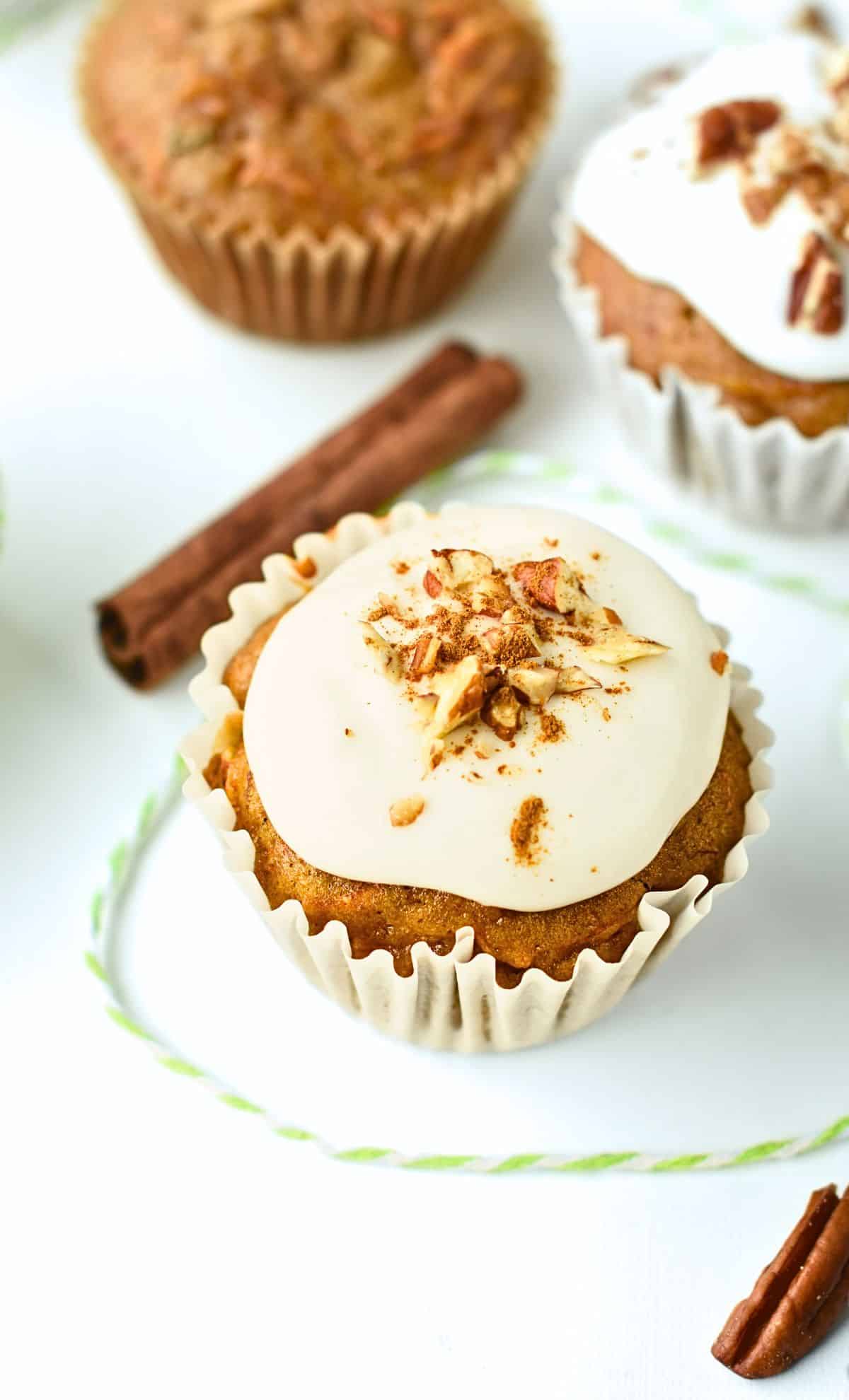 3-Ingredient Vegan Coconut Cream Frosting on a carrot cake cupcake.