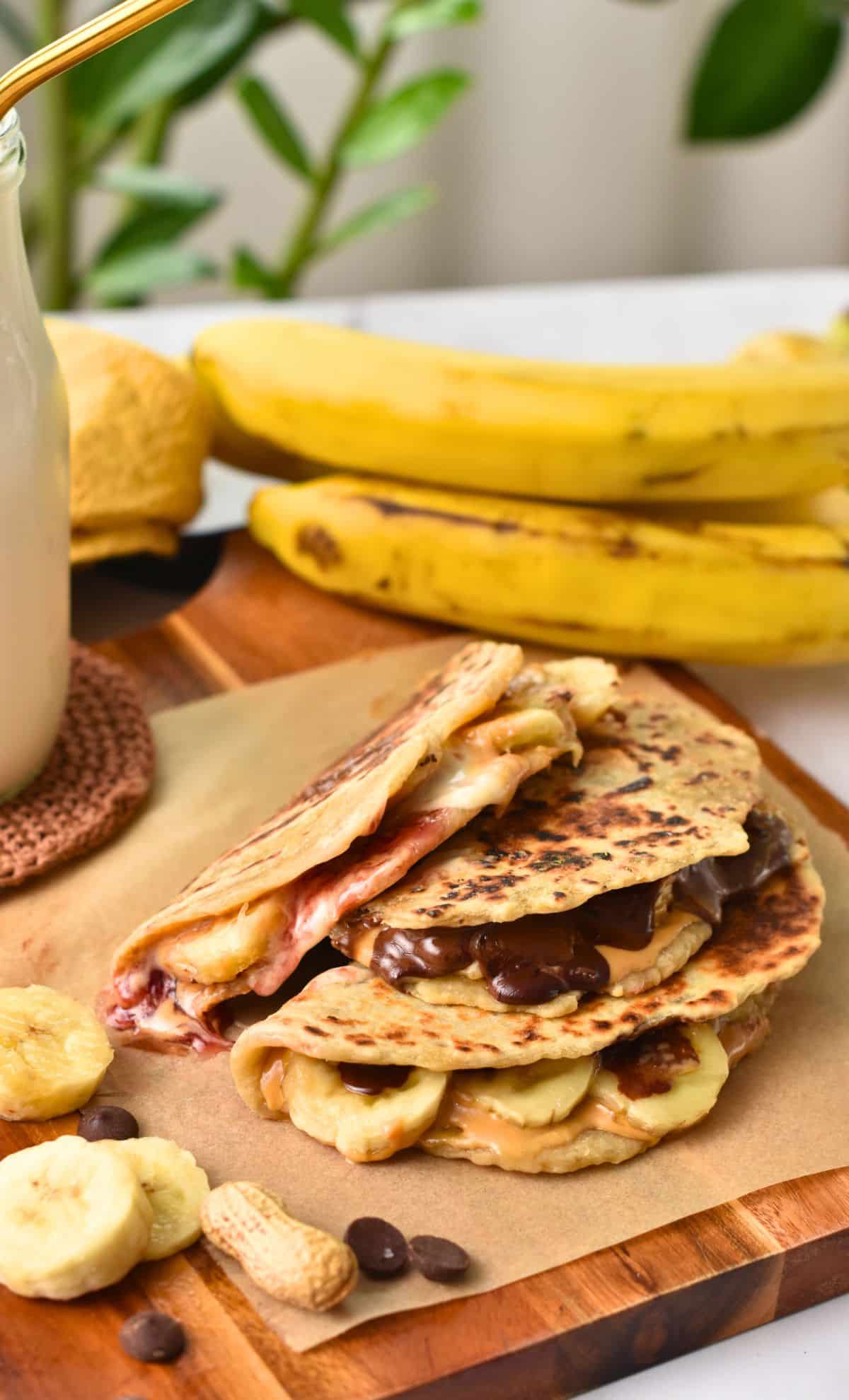 Toasted Banana Tortillas filled with bananas and chocolate chips.