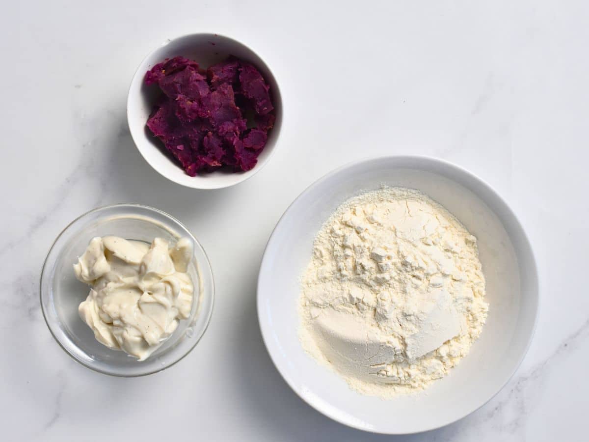 Ingredients for Sweet Potato Donuts in bowls.