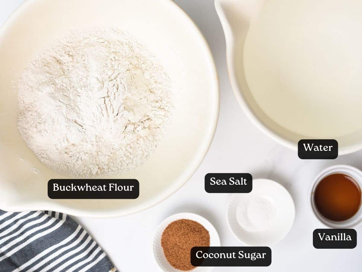 Ingredients for Vegan Buckwheat Crepes in bowls and ramekins.