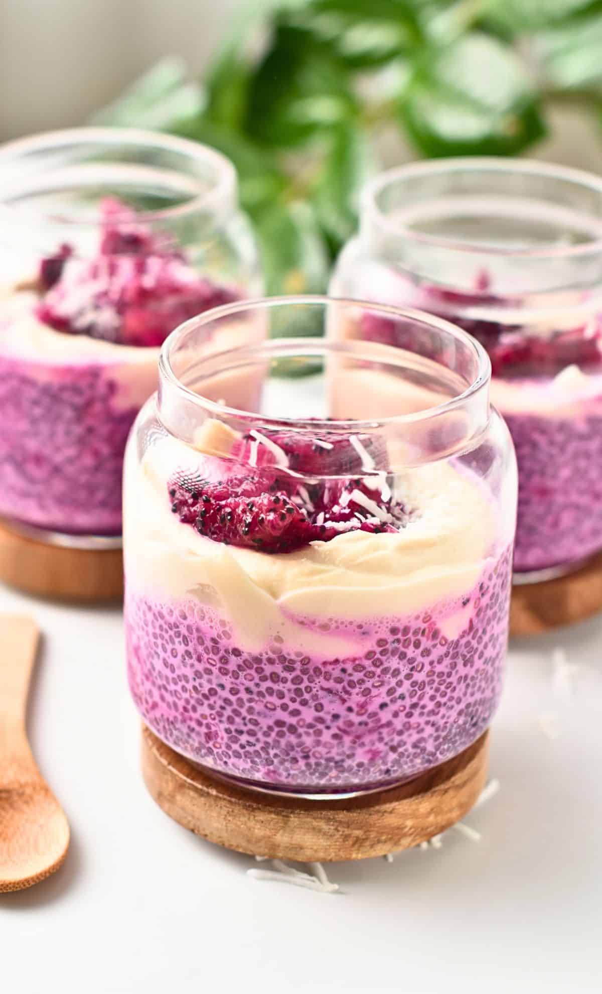 Dragon Fruit Chia Pudding in 3 jars