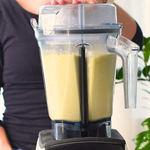 Blended cauliflower cashew sauce in a blender.