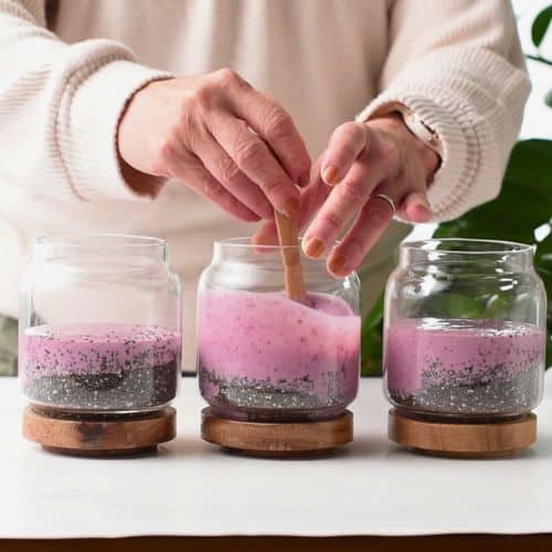 Stirring the chia seed pink milk mixture.