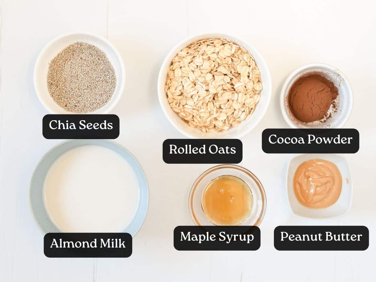 Ingredients for Chocolate Overnight Oats in bowls and ramekins.