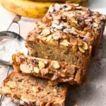 Almond Banana Bread sliced on a table